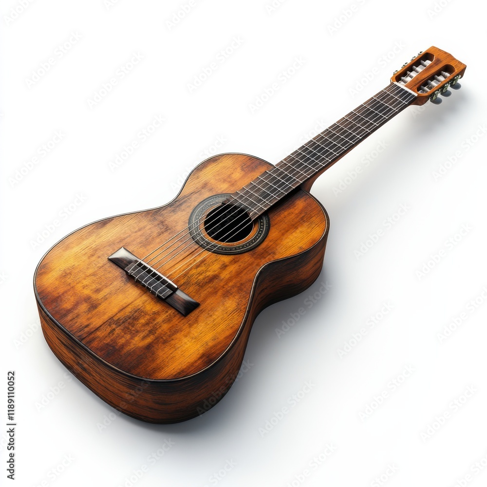 Obraz premium Vintage acoustic guitar with a worn brown finish, isolated on a white background.