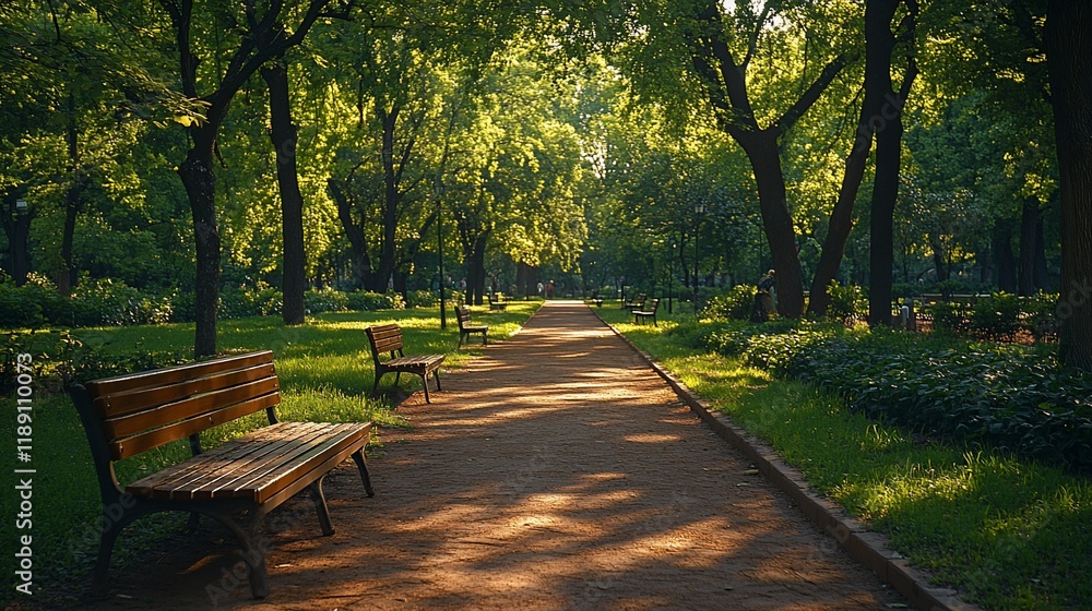 Sunlit park path, benches, green trees, morning calm, nature scene Sunlit park path, benches, green trees, morning calm, nature scene