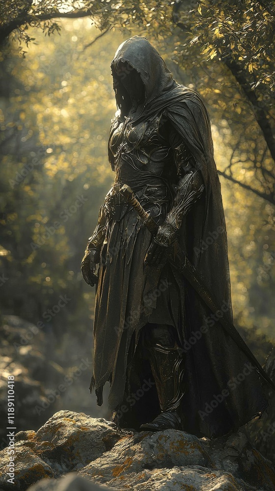 Illustration - Warrior in Black Cloak with Sword in Fantasy Forest Illustration - Warrior in Black Cloak with Sword in Fantasy Forest