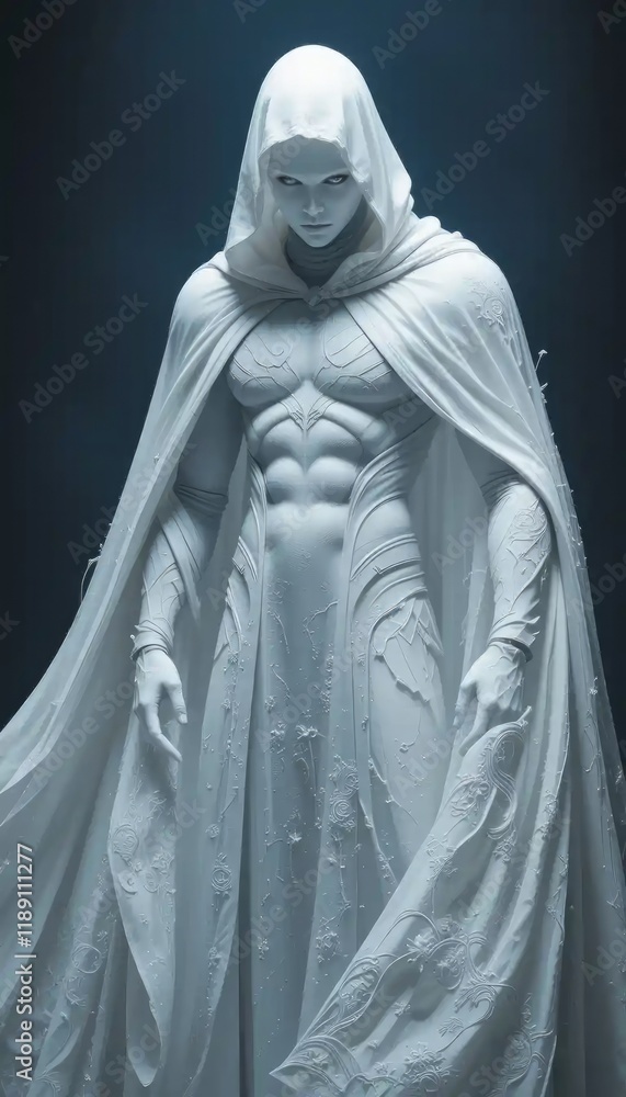 Majestic White Hooded Figure, 3D Rendered Sculpture: A Study in Light and Shadow Majestic White Hooded Figure, 3D Rendered Sculpture: A Study in Light and Shadow