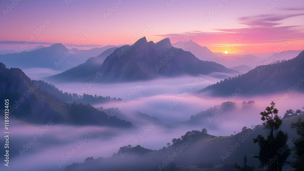 Obraz premium A serene mountain landscape at dawn, with mist rolling through the valleys and soft pink and purple skies