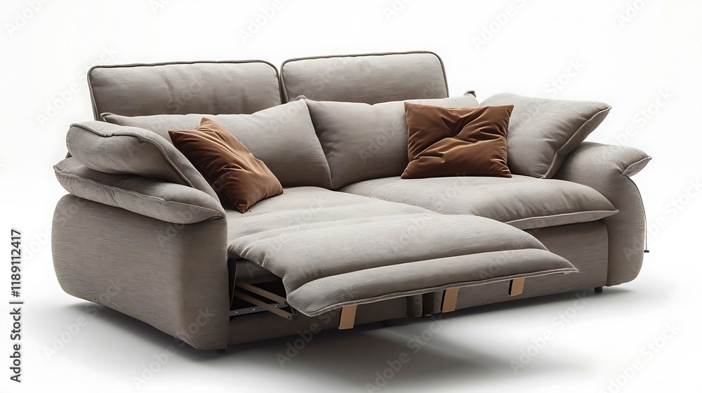 Obraz premium Beige reclining sofa mechanism extended forward isolated on a white background for furniture.