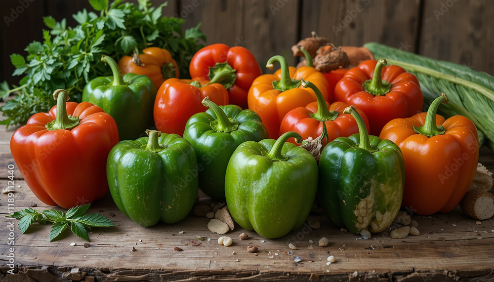 Freshly Picked Bell Peppers on Rustic Table with Herbs – Organic Vegetables and Healthy Food Freshly Picked Bell Peppers on Rustic Table with Herbs – Organic Vegetables and Healthy Food