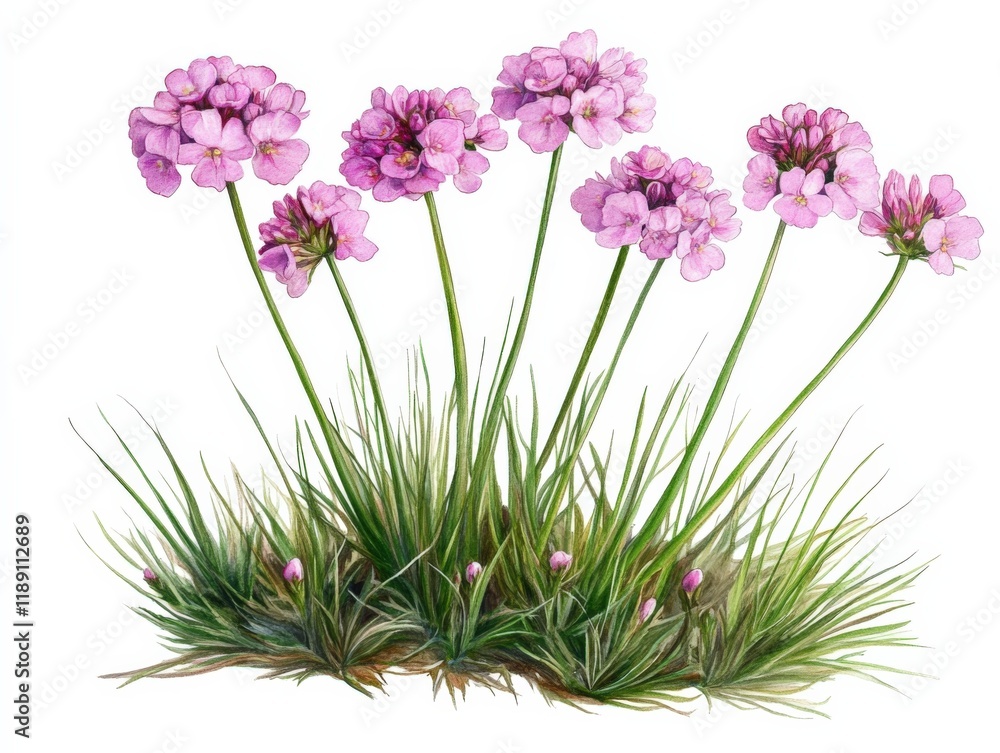 Naklejka premium pink flowers with green stems and grass