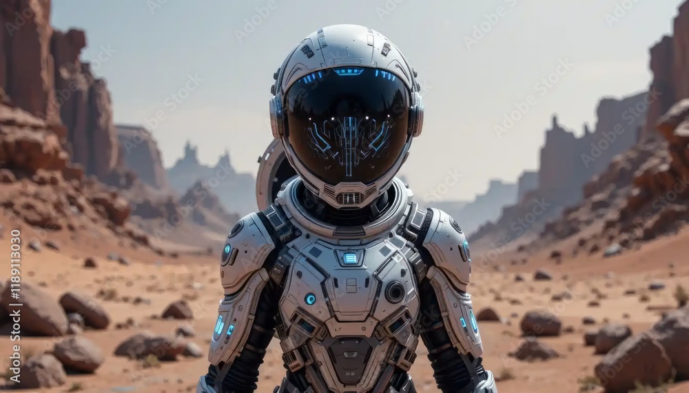 Futuristic Astronaut Exploring an Alien Desert Landscape: A Sci-Fi Adventure on a Desolate Planet Futuristic Astronaut Exploring an Alien Desert Landscape: A Sci-Fi Adventure on a Desolate Planet