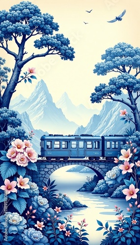 A serene train crossing a picturesque bridge surrounded by lush mountains and flowers. photo