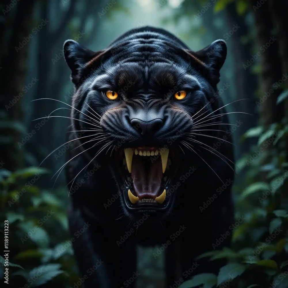 Majestic Black Panther in Dark Jungle Setting: A Powerful Portrait of a Wild Cat Majestic Black Panther in Dark Jungle Setting: A Powerful Portrait of a Wild Cat