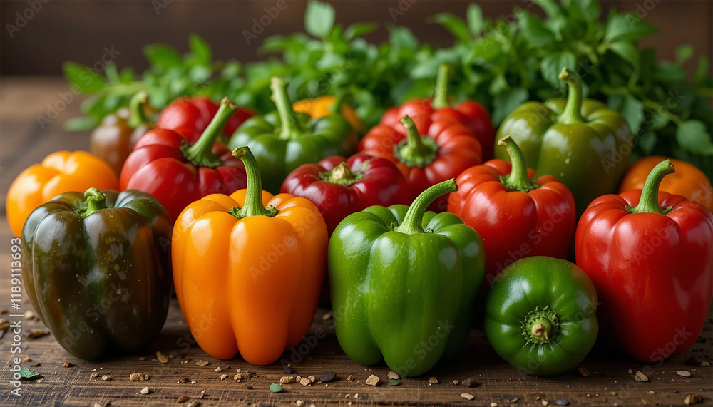 Freshly Picked Bell Peppers on Rustic Table with Herbs – Organic Vegetables and Healthy Food Freshly Picked Bell Peppers on Rustic Table with Herbs – Organic Vegetables and Healthy Food