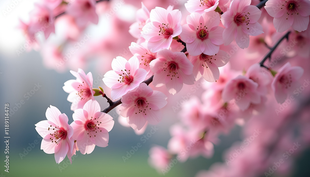 Blooming pink cherry blossoms on branches in a soft-focused spring landscape Blooming pink cherry blossoms on branches in a soft-focused spring landscape