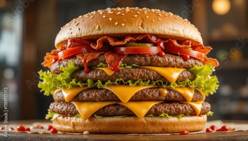 Gigantic Triple Decker Cheeseburger with Bacon and Lettuce, A Delicious Fast Food Feast