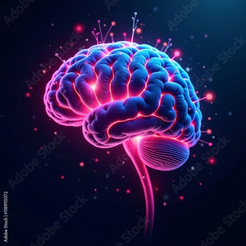 A vibrant digital representation of a human brain with neon colors and abstract details. photo