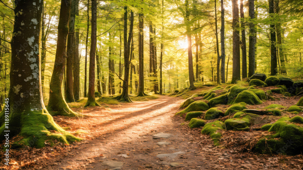 Fototapeta premium Serenity of a sunlit forest path surrounded by vibrant green trees and mossy rocks in early morning light