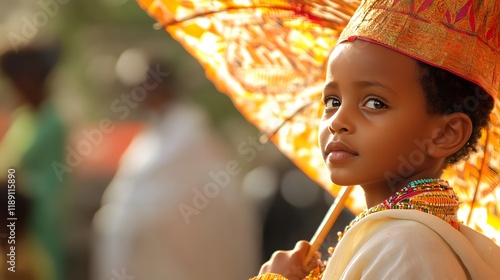 Child in traditional Ethiopian garb holding umbrella festival setting