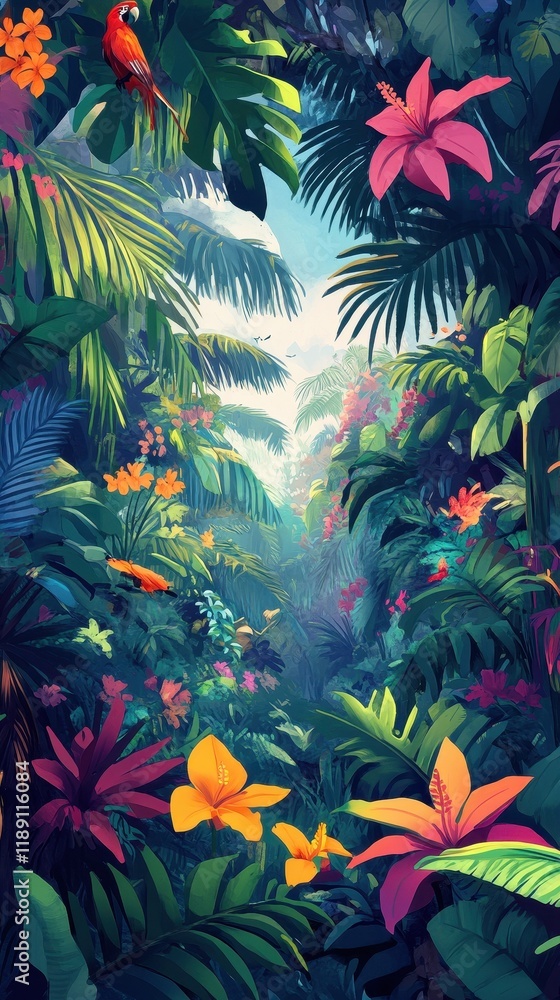 Obraz premium Lush Tropical Paradise With Vibrant Flowers And Parrot