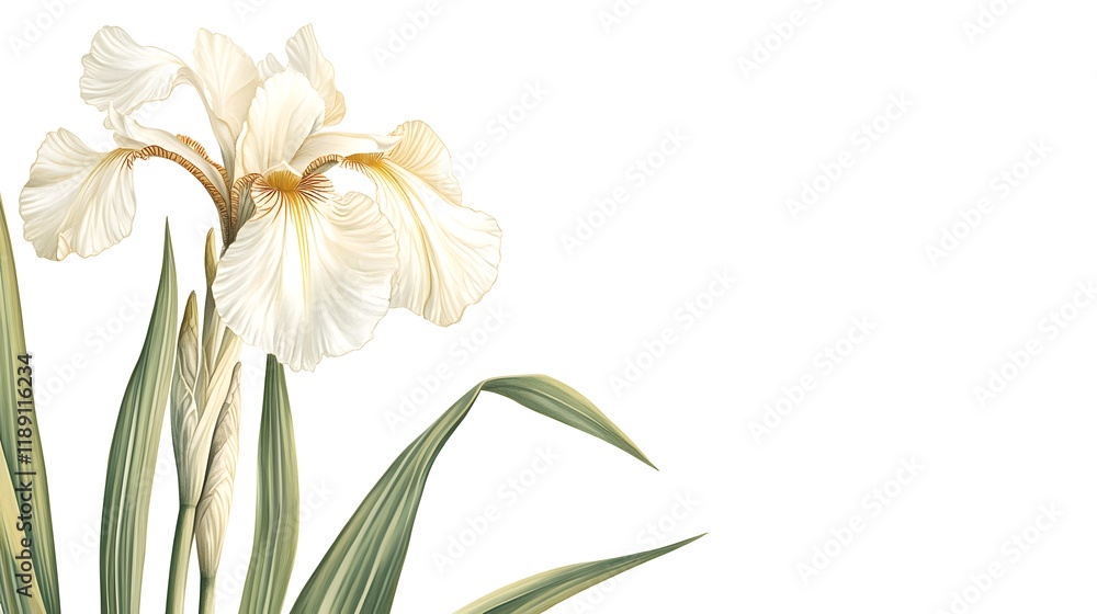 Fototapeta premium Elegant White Iris Flower Botanical Illustration