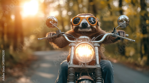 Slow and lazy sloth animal riding a chopper motorcycle bike. vintage retro biker speed, classic transportation vehicle, freedom adventure. photo