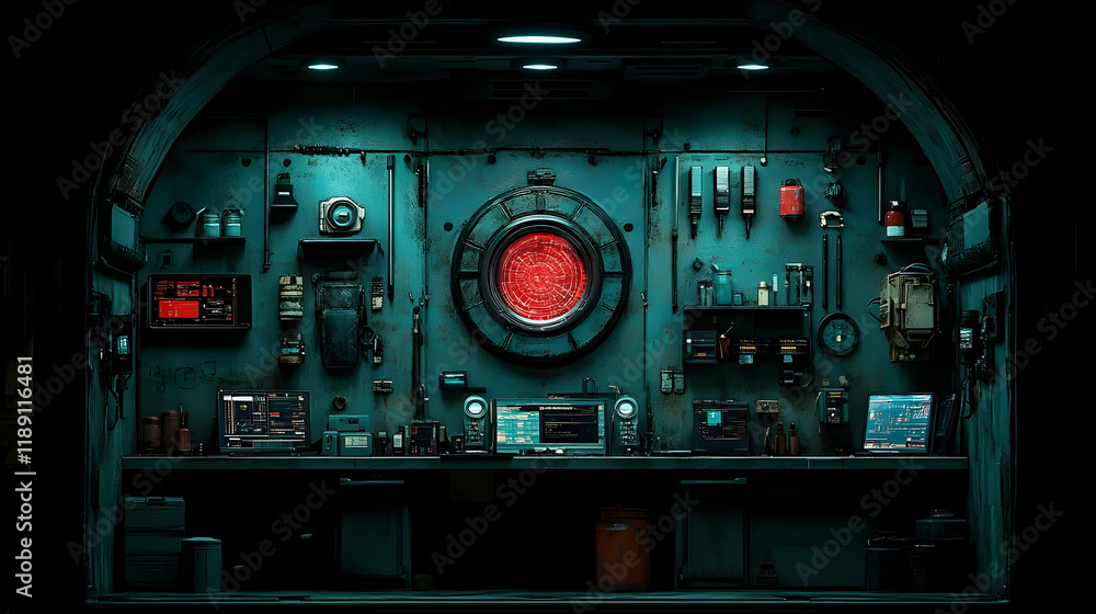 Fototapeta premium Futuristic control room, red light, spaceship, equipment, background darkness, game design