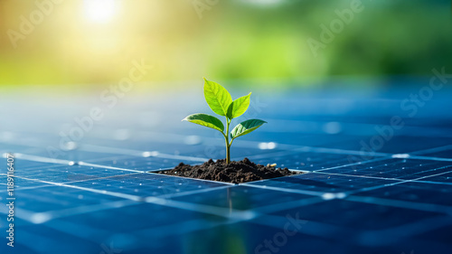 Emerging green plant growth on solar panels sustainable energy site nature photography bright environment close-up