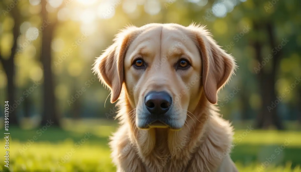 Golden Retriever Portrait in a Sunny Park: A Loyal Companion's Gentle Gaze Golden Retriever Portrait in a Sunny Park: A Loyal Companion's Gentle Gaze