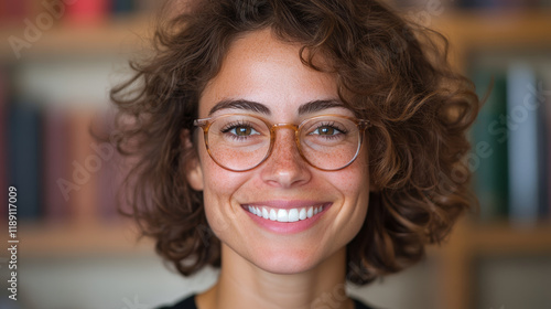 smiling woman with curly hair and glasses, showcasing joyful expression in cozy indoor setting