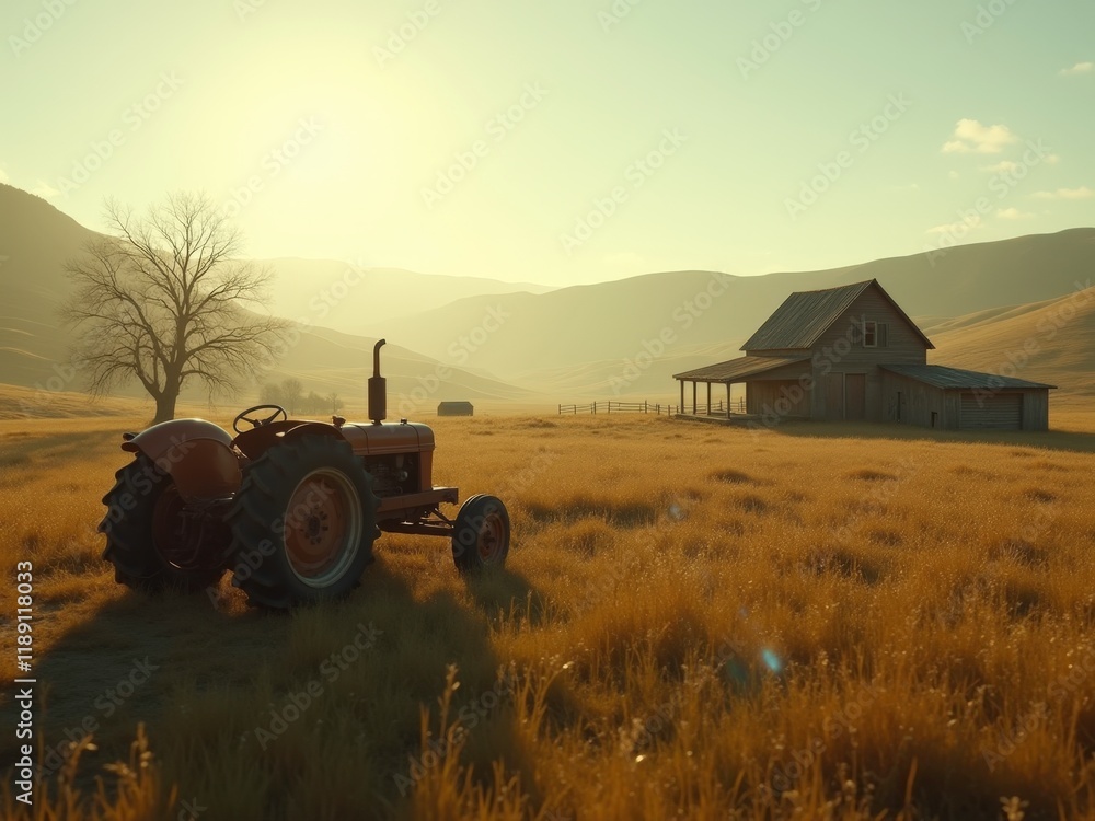 Obraz premium This image shows a rustic farmhouse and an old tractor in a field at dusk. The scene is set against a backdrop of rolling hills and a soft, golden sky.