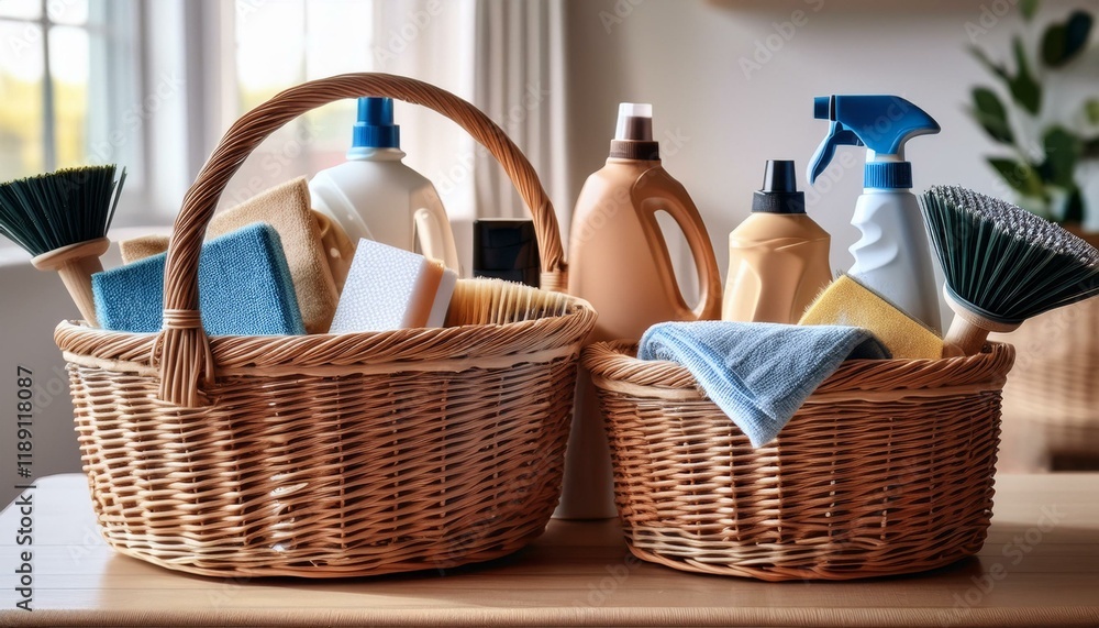 cleaning supplies arranged in two wicker baskets highlighting various products for home sanitation and maintenance cleaning supplies arranged in two wicker baskets highlighting various products for home sanitation and maintenance