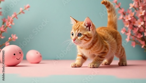 An adorable orange kitten exploring a colorful environment filled with playful decor. photo