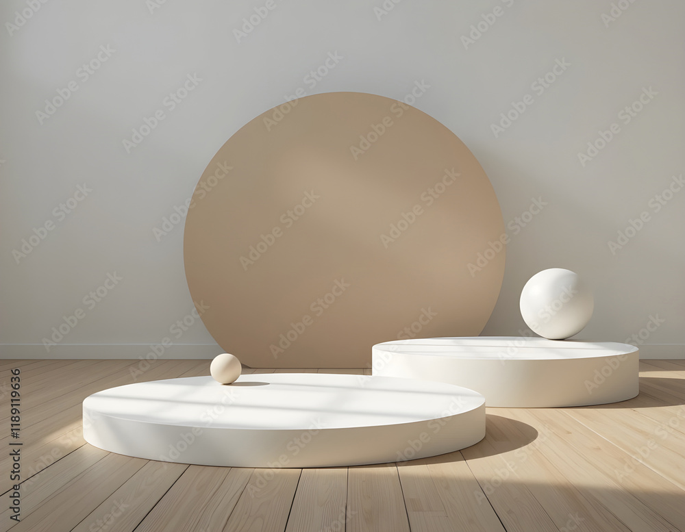 Minimalist Product Display with Beige Circle and White Platforms Minimalist Product Display with Beige Circle and White Platforms