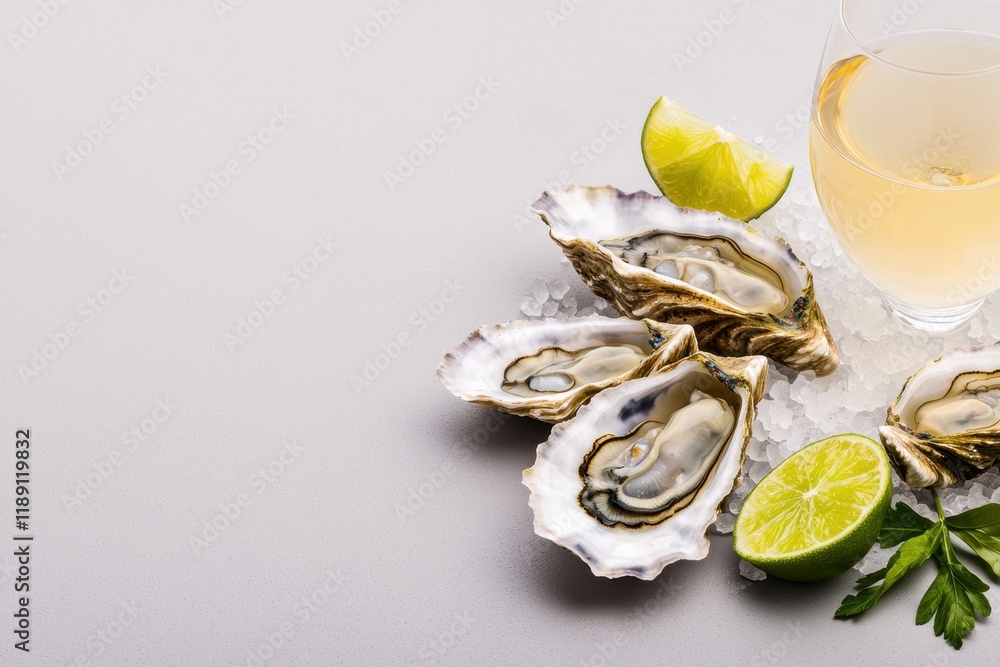 Seafood pairing with white wine concept. Oysters on ice with lime and a glass of white wine Seafood pairing with white wine concept. Oysters on ice with lime and a glass of white wine