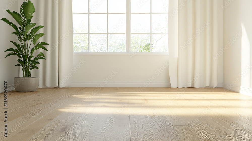 Bright and airy interior with large windows, wooden floor, and potted plant. Natural light enhances serene atmosphere, creating peaceful living space Bright and airy interior with large windows, wooden floor, and potted plant. Natural light enhances serene atmosphere, creating peaceful living space