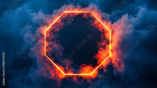 Octagonal Neon Frame in Smoky Atmosphere