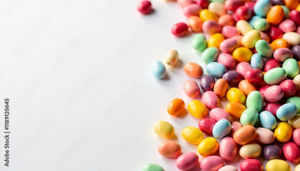 Obraz premium Colorful candy beans scattered on a white background, perfect for festive occasions.