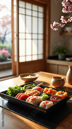 Serene Japanese Kitchen Interior with Colorful Bento Box: Perfect for Restaurant Marketing and Culinary Blogs photo