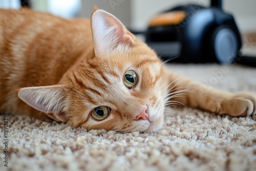 A Cozy Golden Tabby Cat Relaxing on a Soft Carpet with a Vacuum Cleaner in Natural Light, Perfect for Home and Pet Themed Visuals
