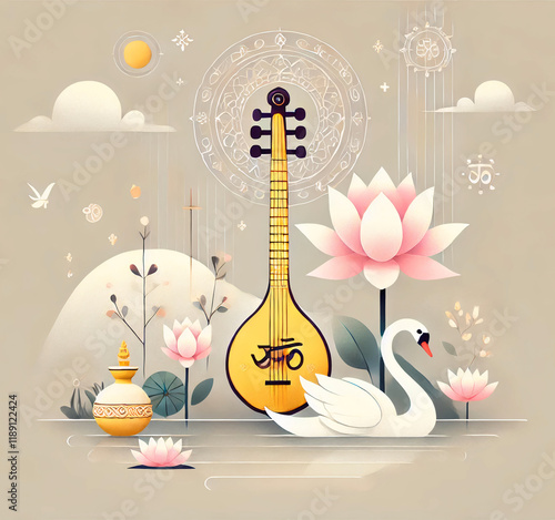 Sarasvati for happy Vasant Panchami design Puja of India illustration design. Ai generated  photo