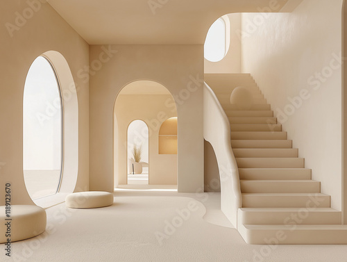 Abstract modern interior featuring organic geometric shapes and circular windows.