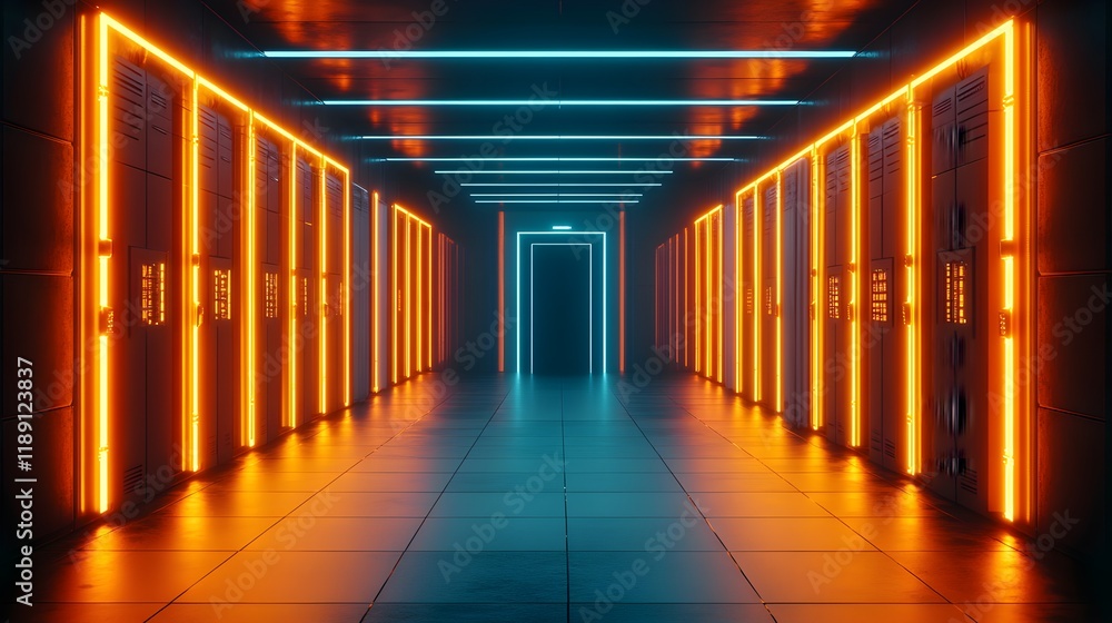Futuristic Digital Circuit Corridor with Neon Lights and Silver Accents Futuristic Digital Circuit Corridor with Neon Lights and Silver Accents