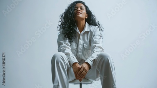 Confident woman sitting on a stool in a minimalist studio.
