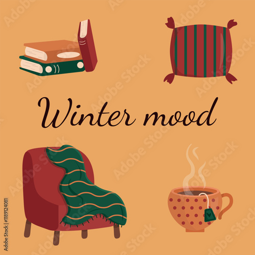 Cozy room, tea time set Cozy home things like tea, chair, pillows and book, Winter cozy mood