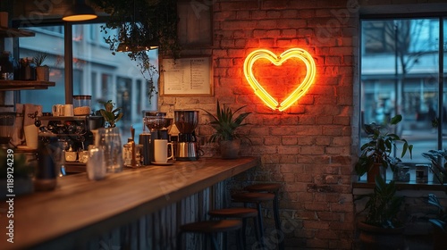 Cozy cafe interior with neon heart sign.