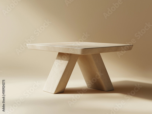 Minimalist Concrete Coffee Table with Angular Base on Beige Background - Modern Furniture Design