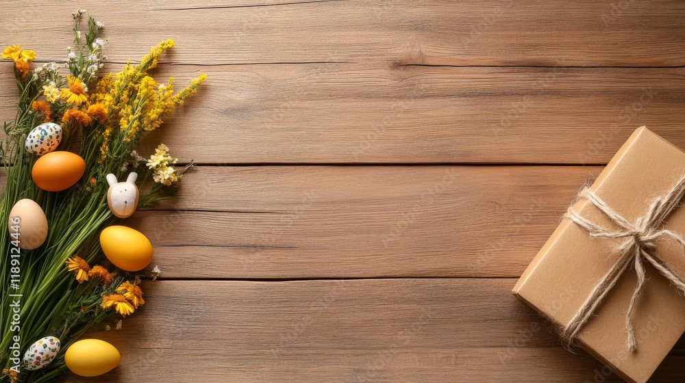 A vibrant arrangement of Easter eggs on a rustic wooden surface, accompanied by delicate flowers and festive bunny ornaments. A vibrant arrangement of Easter eggs on a rustic wooden surface, accompanied by delicate flowers and festive bunny ornaments.