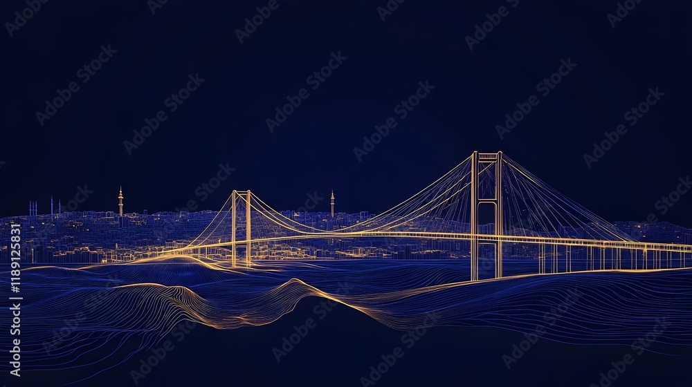 Fototapeta premium Wireframe-style vector illustration of Istanbul city with the Bosphorus Bridge. concept for futuristic urban design, architectural visualization,engineering,digital 3D modeling and modern city mapping