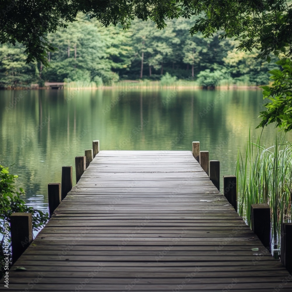 Fototapeta premium a wooden dock extends out onto a calm lake surrounded by green trees