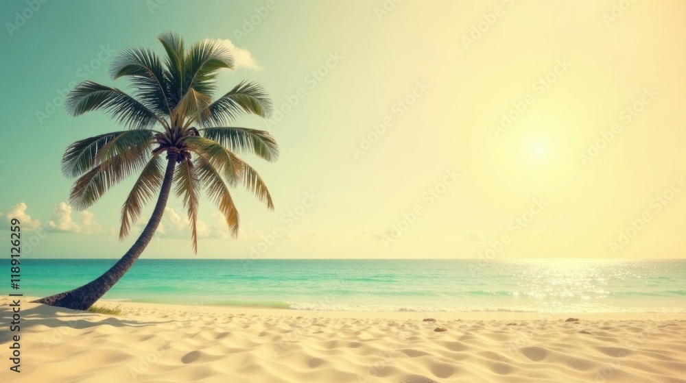 Obraz premium Serene Tropical Beach Scene Palm Tree on Sandy Shore at Sunset