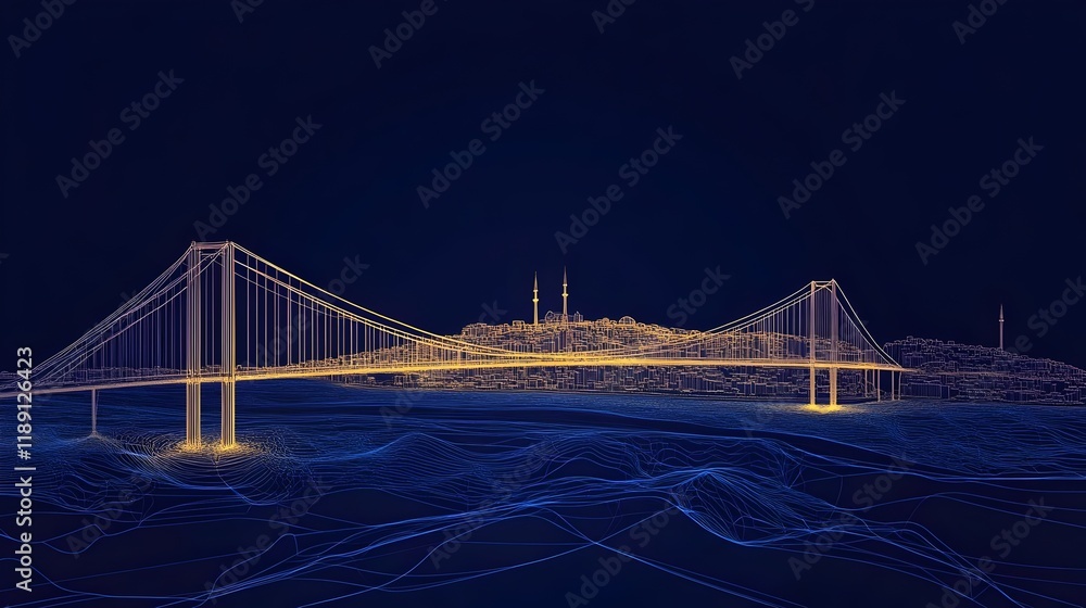 Fototapeta premium Wireframe-style vector illustration of Istanbul city with the Bosphorus Bridge. concept for futuristic urban design, architectural visualization,engineering,digital 3D modeling and modern city mapping