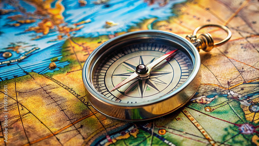 A detailed compass rests on a colorful map, showcasing various regions and routes as it suggests a journey through diverse landscapes and adventures waiting to be explored A detailed compass rests on a colorful map, showcasing various regions and routes as it suggests a journey through diverse landscapes and adventures waiting to be explored