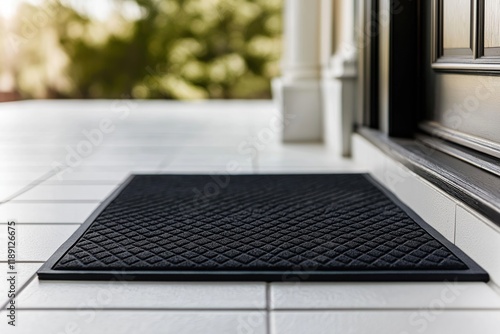 Simple black doormat on white tiled floor. Modern entranceway decor. Minimalist home interior design. Entranceway welcome area. Clean design. Simple home interior. Stylish entrance.