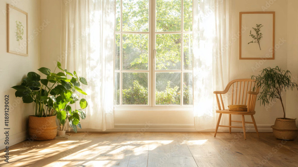 Fototapeta premium bright and airy room featuring large windows, plants, and wooden chair. Natural light floods space, creating serene and inviting atmosphere