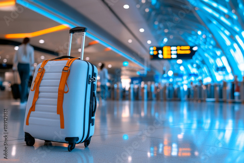 modern suitcase with orange straps stands airport terminal, showcasing sleek design and vibrant colors. background features blurred travelers and bright lighting, creating dynamic travel photo